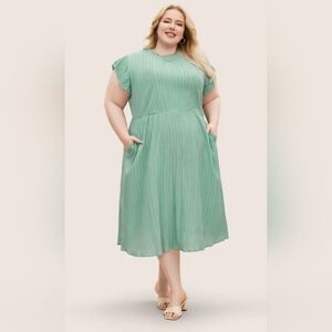 Plain Cap Sleeve Ruffles Trim Mock Neck Pocket Dress, Mint Green, Size 3X, NWT